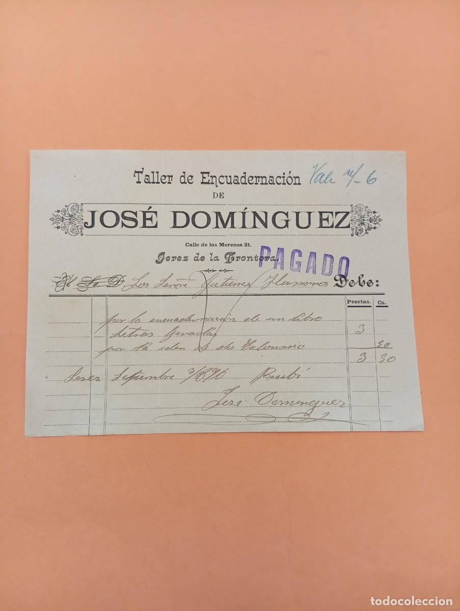 Facturas antiguas: FACTURA. JEREZ DE LA FRONTERA. 1896. TALLER DE ENCUADERNACION. JOSE DOMINGUEZ.