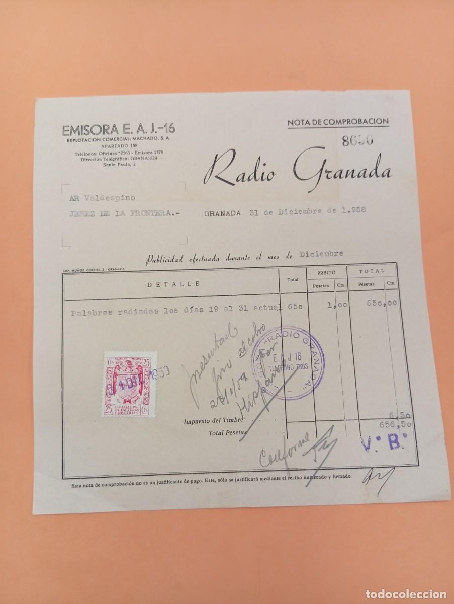 Facturas antiguas: FACTURA. GRANADA. 1958. EMISORA E. A. J-16. RADIO GRANADA.