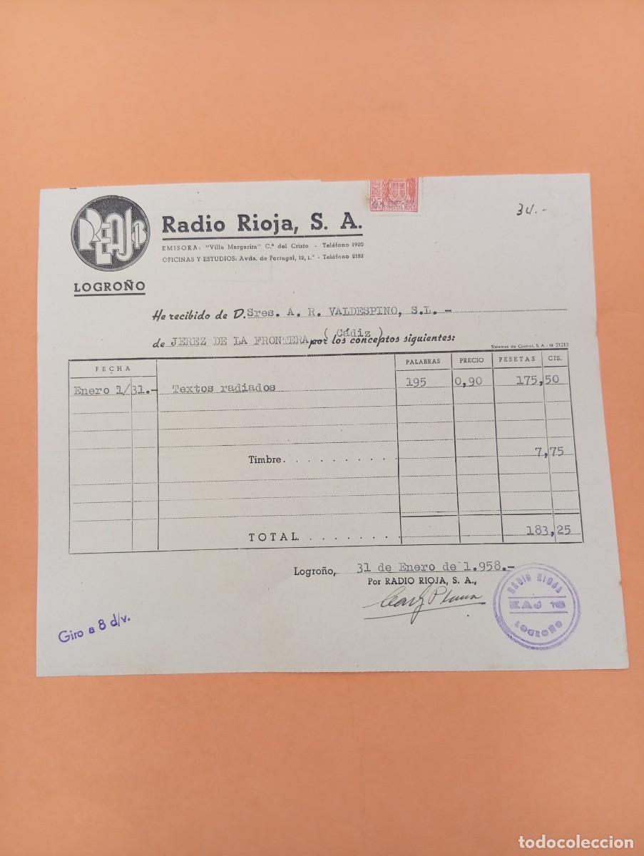 Facturas antiguas: FACTURA. LOGRO&Ntilde;O. 1958. RADIO RIOJA, S.A.