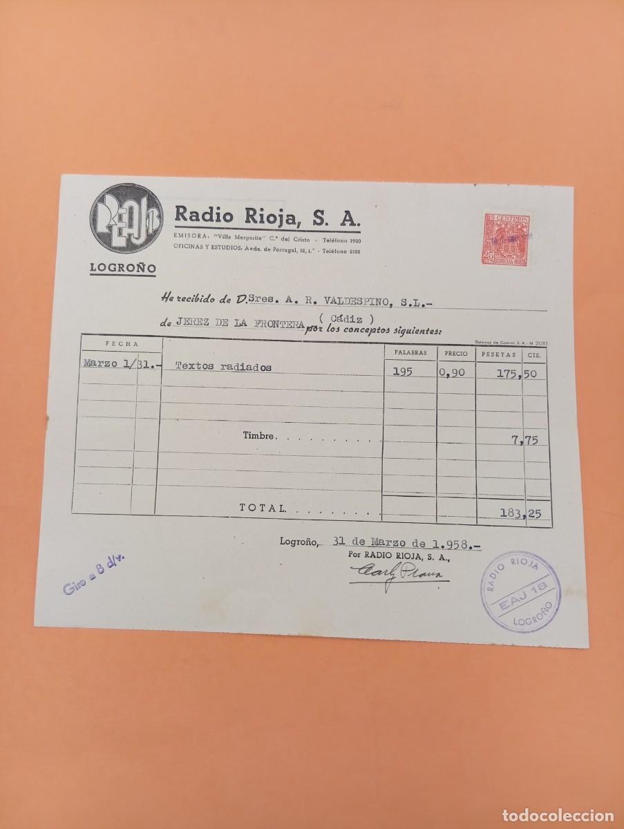 Facturas antiguas: FACTURA. LOGRO&Ntilde;O. 1958. RADIO RIOJA, S.A.