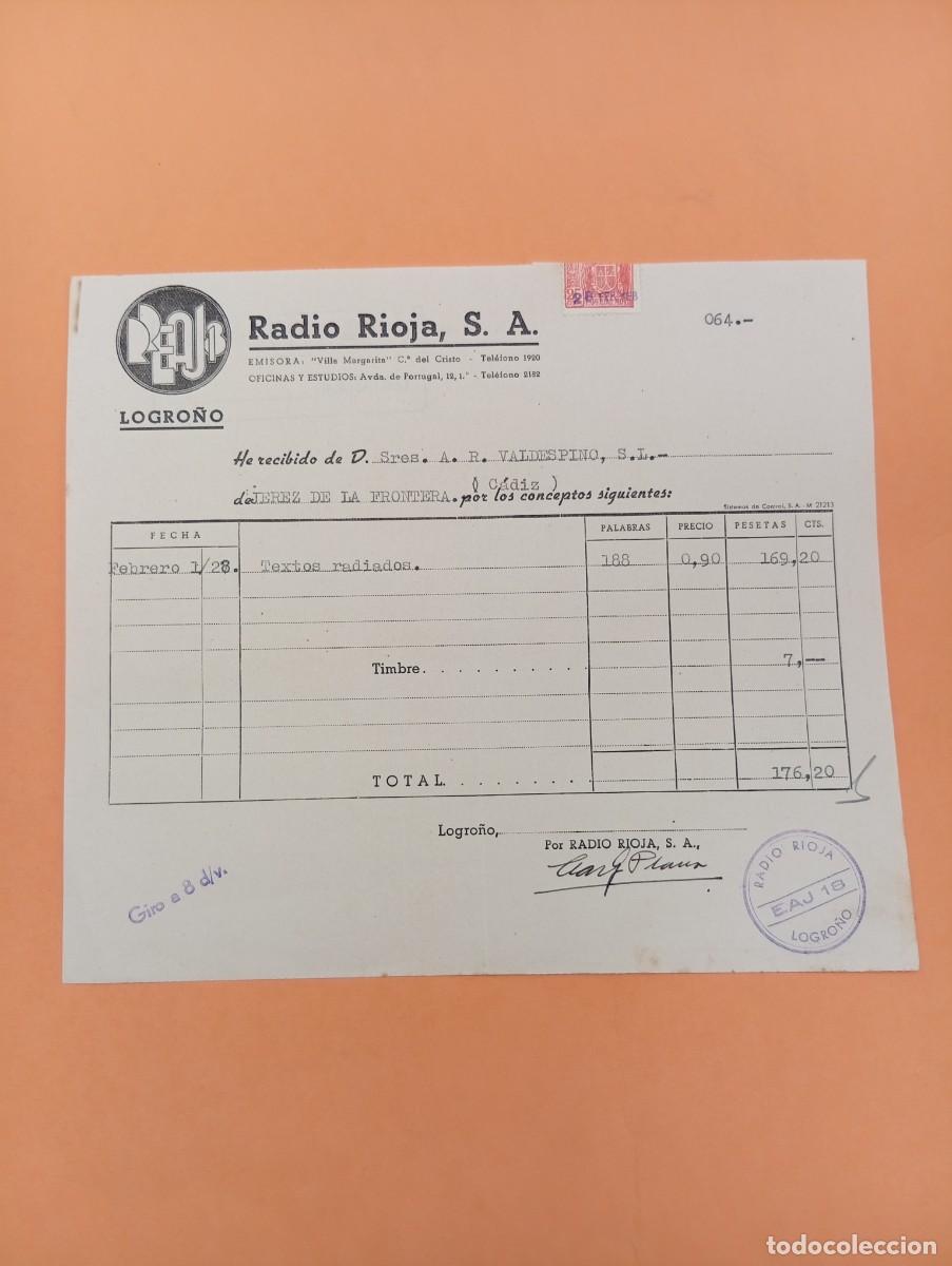Facturas antiguas: FACTURA. LOGRO&Ntilde;O. 1958. RADIO RIOJA, S.A.