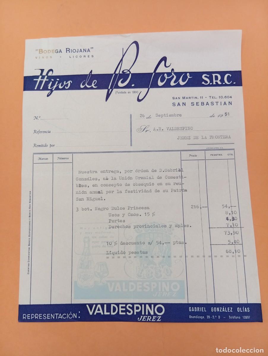 Facturas antiguas: FACTURA. SAN SEBASTIAN. 1951. BODEGA RIOJANA. VINOS-LICORES. HIJOS DE B. SORO. S.R.C.