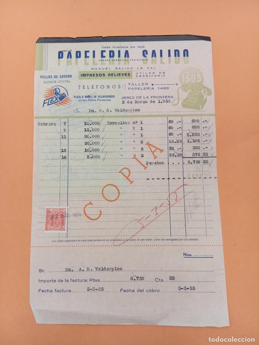 Facturas antiguas: FACTURA Y RECIBO. JEREZ DE LA FRONTERA. 1955. PAPELERIA SALIDO. M. SALIDO LA CAL. IMPRESOS RELIEVES.