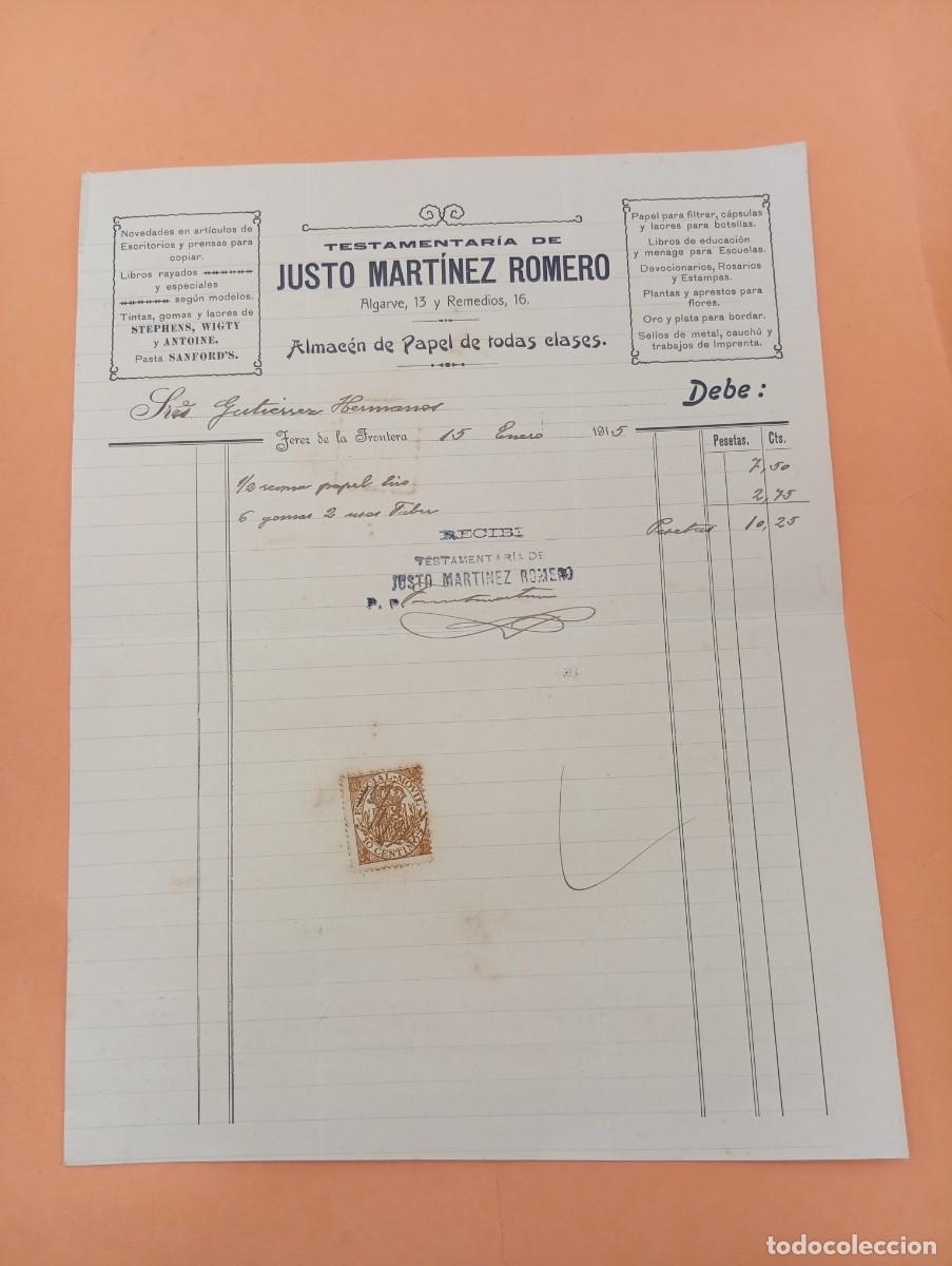 Facturas antiguas: FACTURA. JEREZ DE LA FRONTERA. 1915. TESTAMENTARIA DE JUSTO MARTINEZ ROMERO.