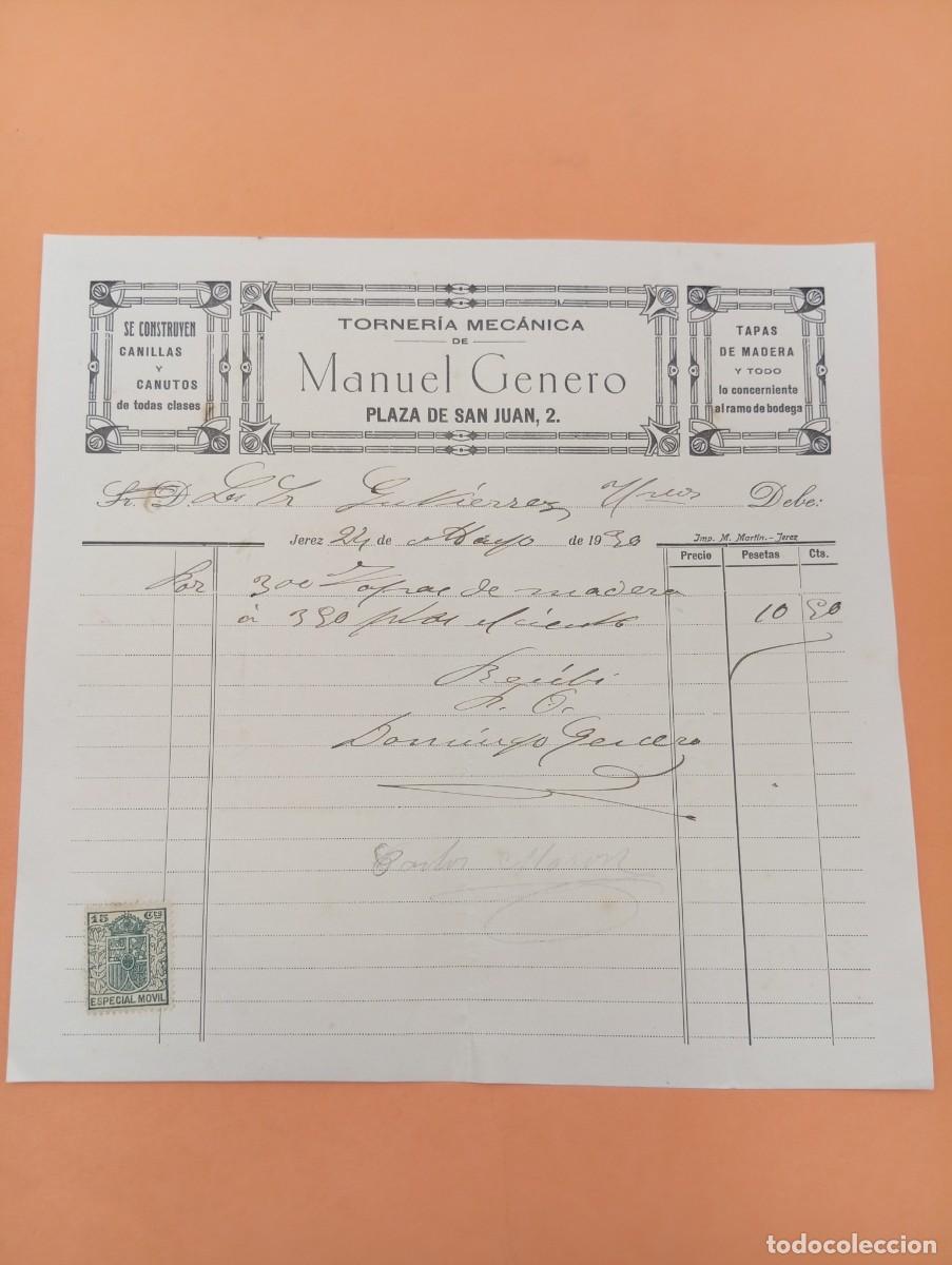 Facturas antiguas: FACTURA. JEREZ. 1930. TORNERIA MECANICA. MANUEL GENERO.