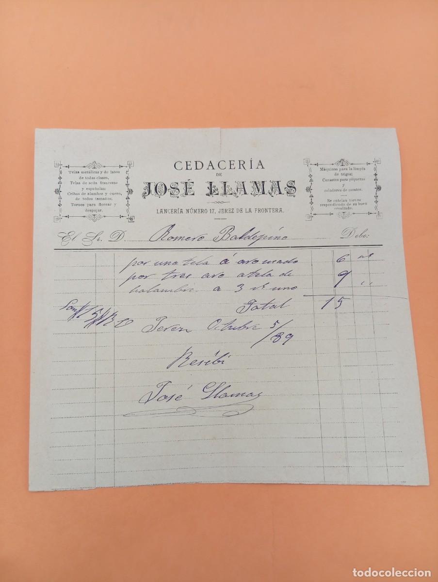 Facturas antiguas: FACTURA. JEREZ. 1889. CEDACERIA. JOSE LLAMAS.