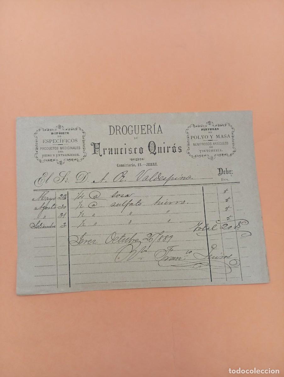 Facturas antiguas: FACTURA. JEREZ. 1889. DROGUERIA. FRANCISCO QUIROS.
