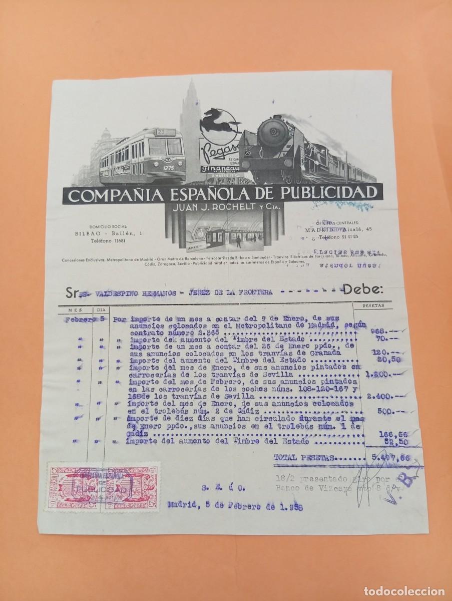 Facturas antiguas: FACTURA. MADRID. 1958. COMPA&Ntilde;IA ESPA&Ntilde;OLA DE PUBLICIDAD. JUAN J. ROCHELT Y CIA.