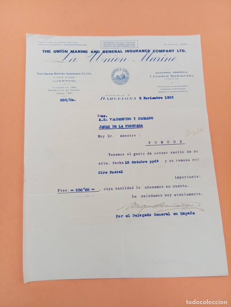 Facturas antiguas: FACTURA. BARCELONA. 1935. LA UNION MARINE. THE UNION MARINE AND GENERAL INSURANCE COMPANY LTD.