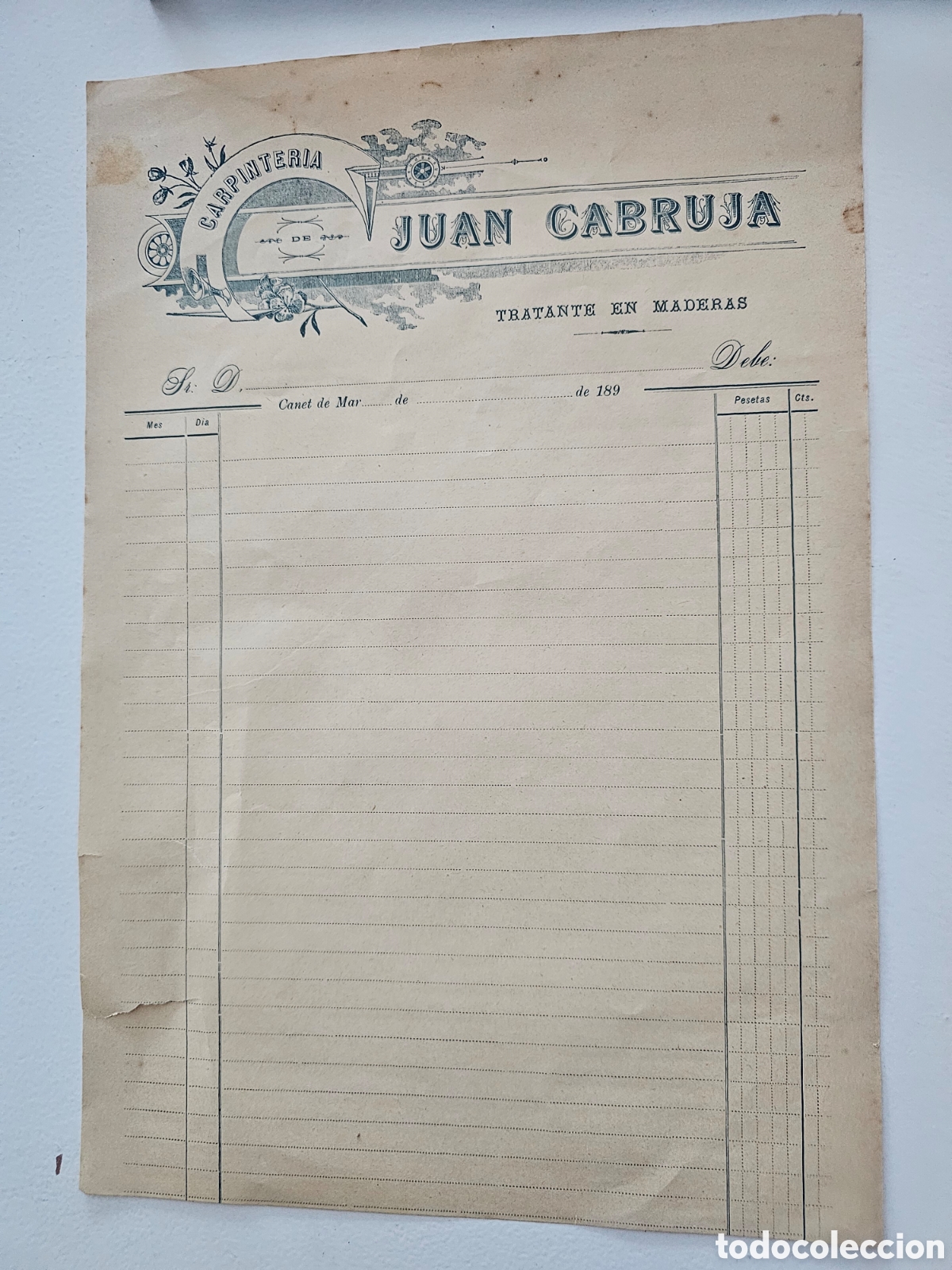 Facturas antiguas: Magn&iacute;fica factura sin usar Carpinter&iacute;a Juan Cabruja. Canet de Mar. S. XIX (189-)