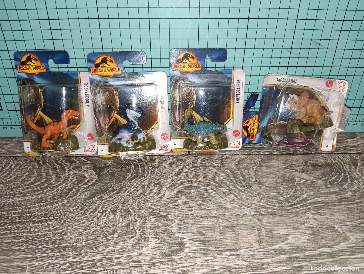 Figuras de acci&oacute;n: Lote Jurassic World Dominion Micro Collection Atrociraptor Ankylosaurus Therizinosaurus Triceratop