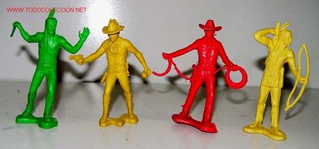 Figure di Gomma e PVC: CONJUNTO ANTIGUO DE 4 FIGURAS DE PLASTICO DE INDIOS Y AMERICANOS - NO SE DE QUE MARCA SON