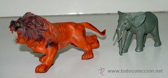 Gummi- und PVC-Figuren: DOS ANIMALES - EL  LEON ES DE FABRICACION CHINA, EL ELEFANTE NO PONE NADA - EL LEON MIDE 14,5 CMS DE