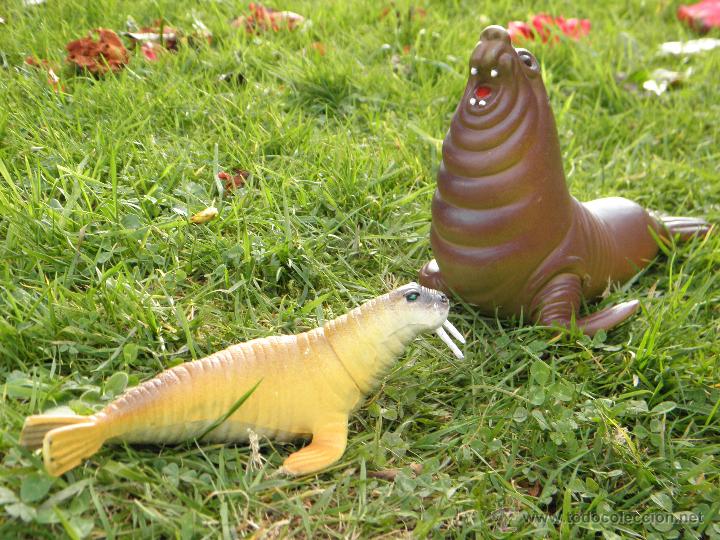 Figuras de goma y PVC: Lote dos figuras morsa y le&oacute;n marino de 14 x 20 y 17 x 7 cent&iacute;metros