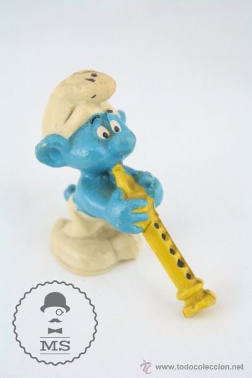 Figuras de Goma y PVC: Figurita de Goma Los Pitufos - Pitufo Tocando la Flauta - A&ntilde;os 80 - Sin Marca en la Base