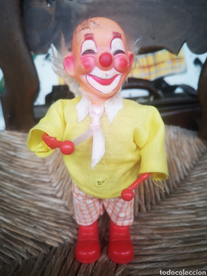 Rubber and PVC Figures: Mu&ntilde;eco Payaso a cuerda de pl&aacute;stico y goma mide 18 cm de altura para restaurar