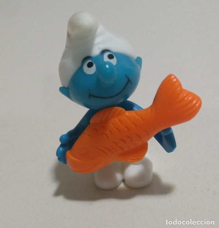 Figurines en Caoutchouc et PVC: kinder pitufo smurf pez pescado fish montable pitufito pesca pescador trucha