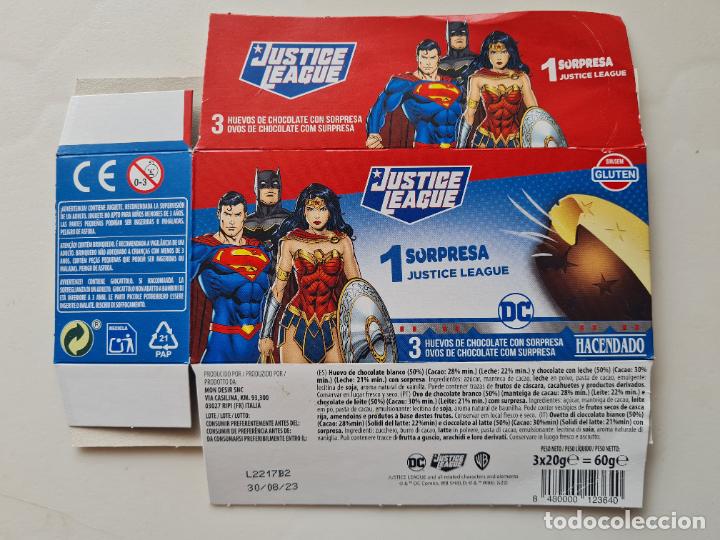 Kinder Figures: JUSTICE LEAGUE-LIGA DE LA JUSTICIA-DC COMICS - CAJA/EMBALAJE CARTON HUEVO SORPRESA HACENDADO 2022
