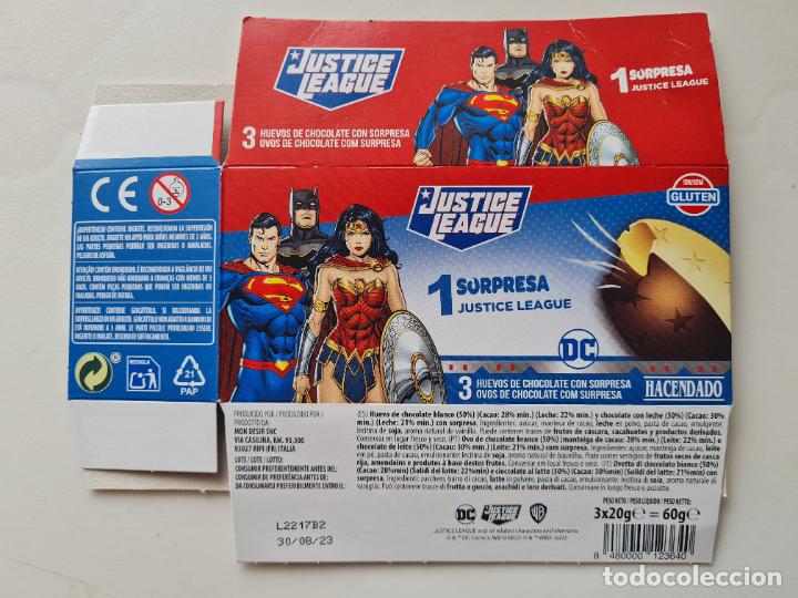 Kinder Figures: JUSTICE LEAGUE-LIGA DE LA JUSTICIA-DC COMICS - CAJA/EMBALAJE CARTON HUEVO SORPRESA HACENDADO 2022