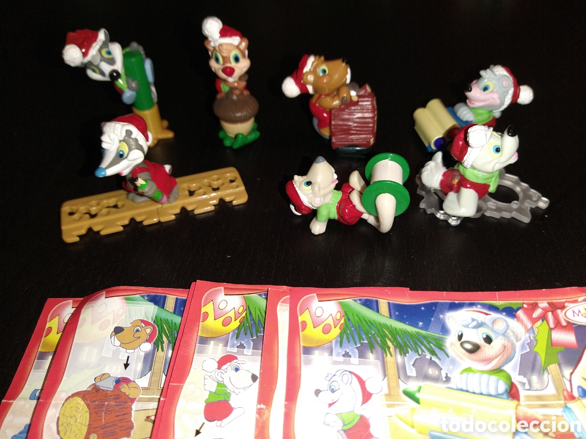 Figuras de goma Kinder: K&iacute;nder Ferrero 502B navidad 2007 animales del bosque 7 fig. + 7 bpz