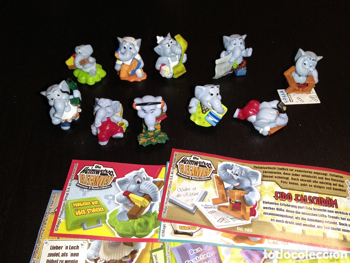 Figuras de goma Kinder: K&iacute;nder Ferrero 636 elefantes oficios modernos 2011 completa 10 fig.+ 9 bpz + 1 pen sin pegatina