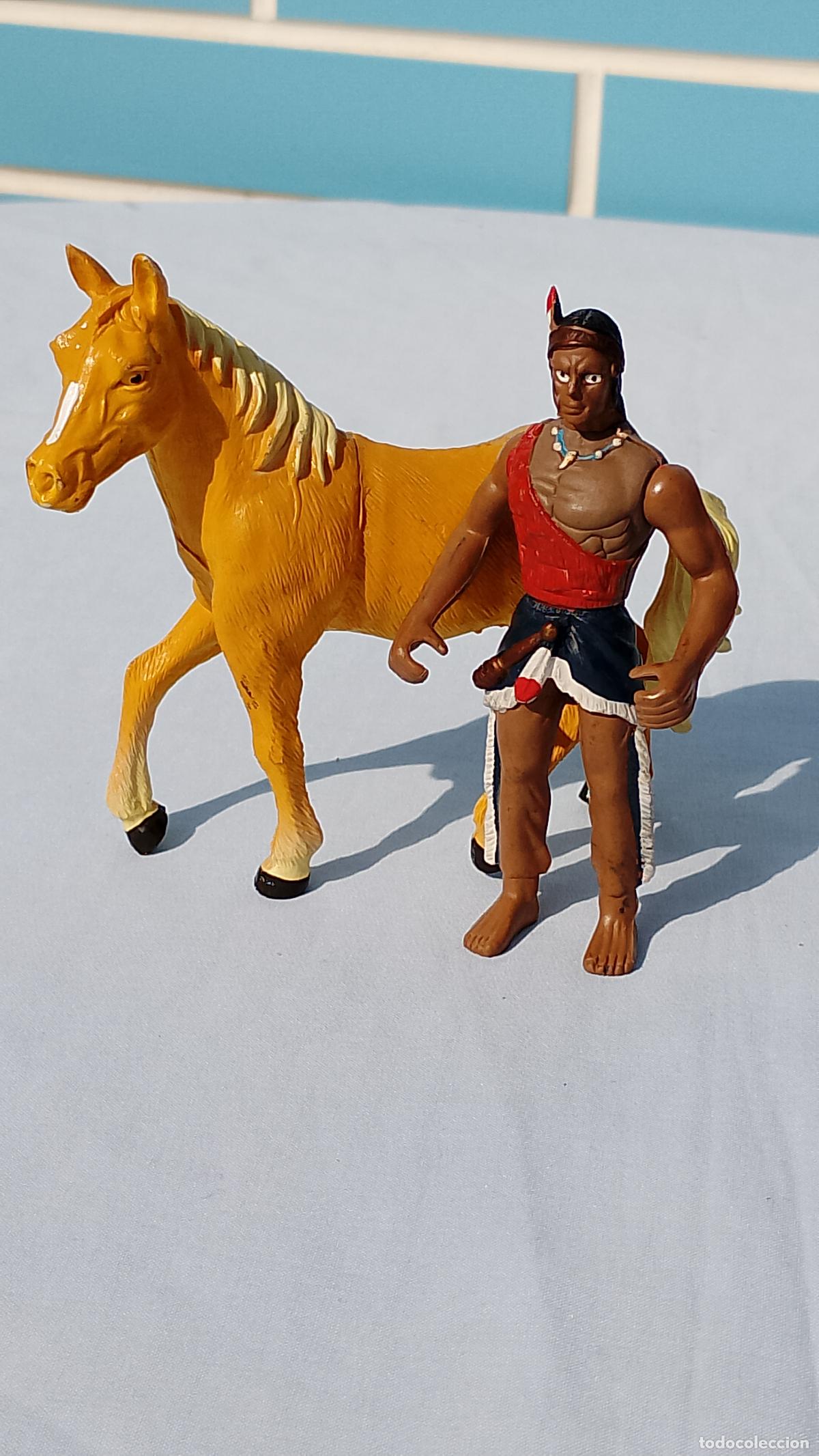 Figuras de Goma y PVC: Antiguo set de figuras caballo e Indio del Oeste americano