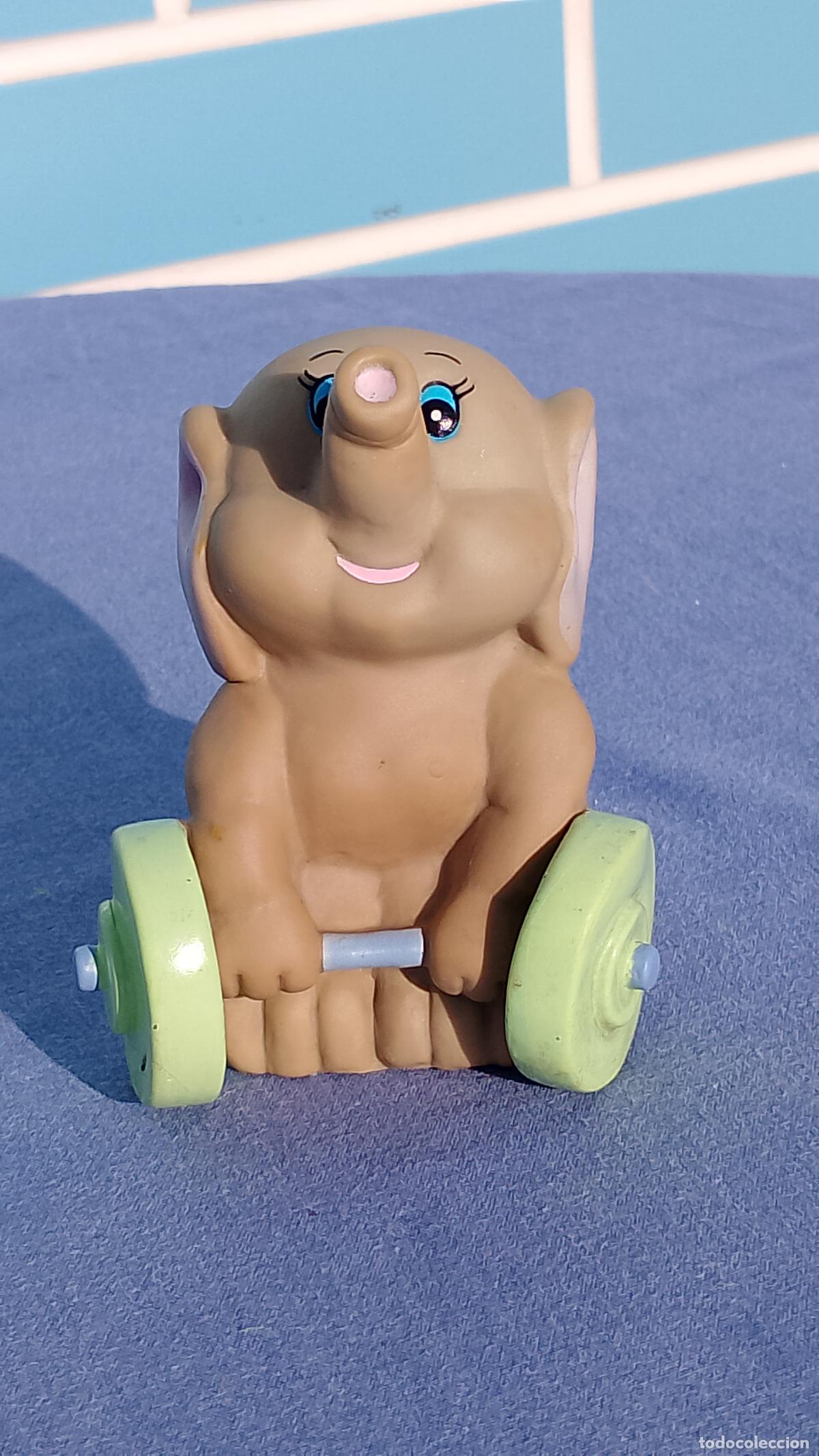 Figuras de goma y PVC: Antiguo mu&ntilde;eco de goma Elefante con pesas de halterofilia de Rockapetta
