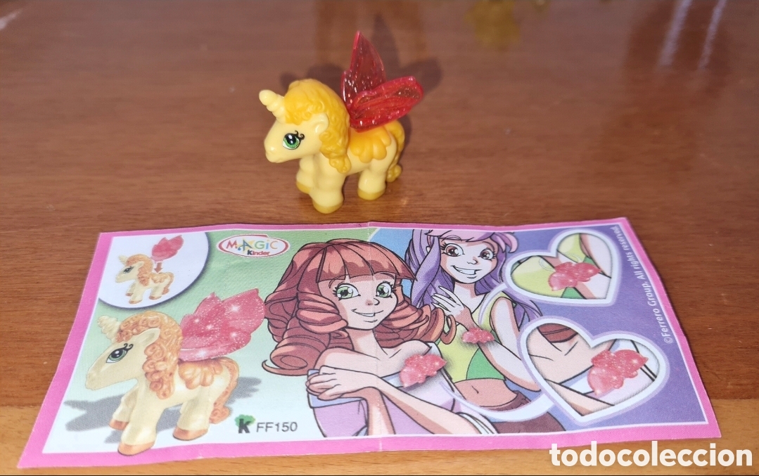 Figuras de Goma Kinder: Figura kinder FF150 + bpz pony amarillo unicornio alas alado caballo caballito mu&ntilde;eco (caja guess)