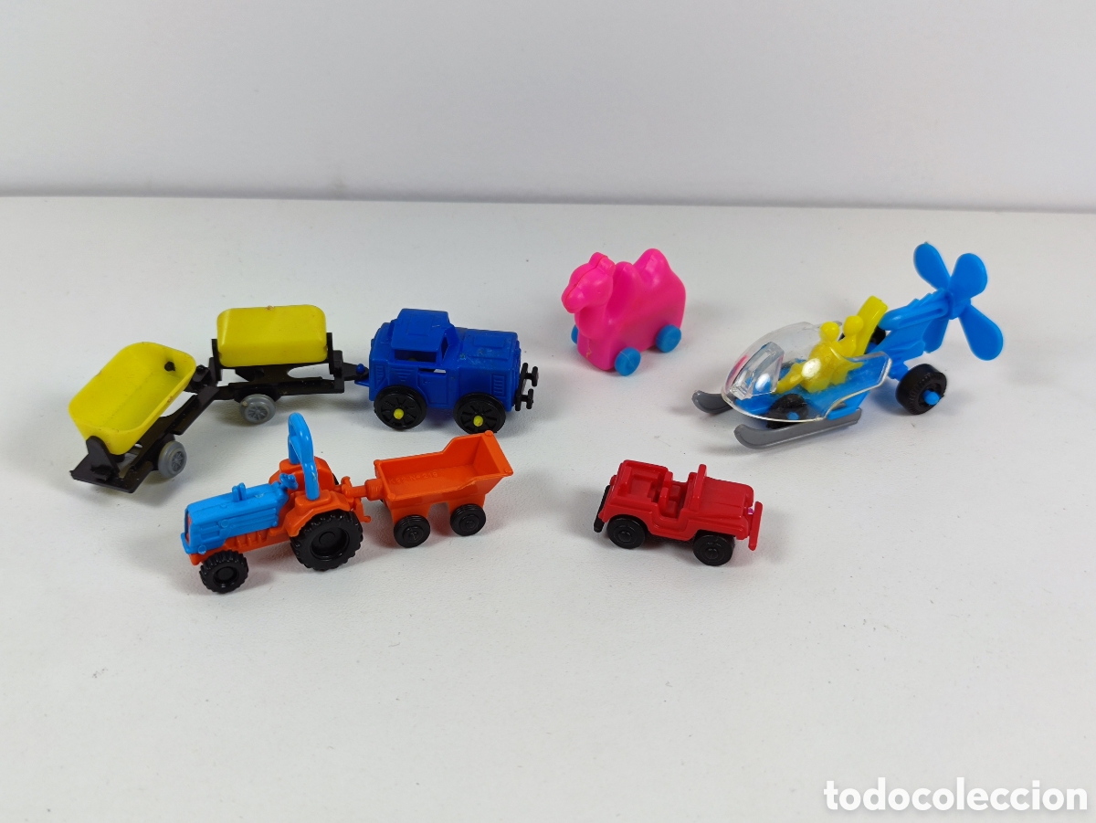 Figuras de Goma Kinder: Lote veh&iacute;culos tipo Kinder sorpresa tractor tren todo terreno helic&oacute;ptero