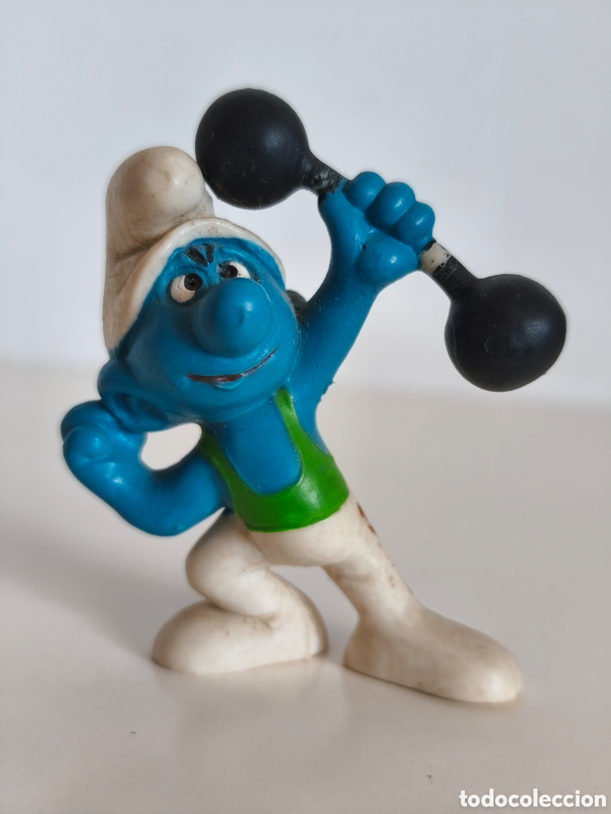 Figuras de Goma y PVC: Figura PVC Pitufo Gimnasta,variante camisa verde. Schleich, Peyo, finales a&ntilde;os 70 (W.Germany) #20020