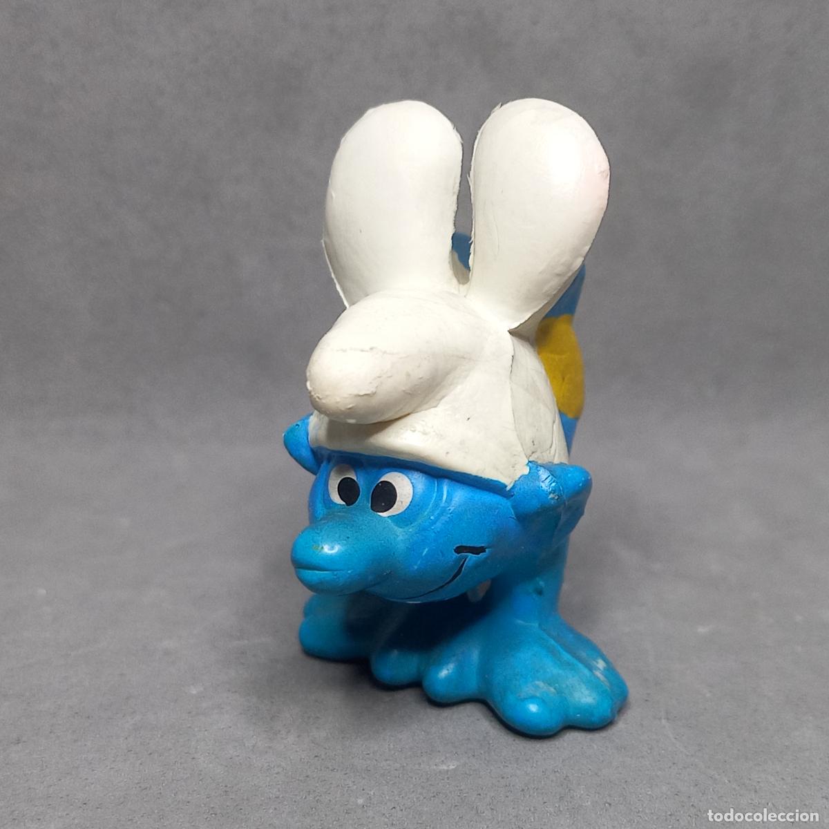 Gummi- und PVC-Figuren: Pitufo gimnasta haciendo el pino. Figura fabricada por Bully, referencia 20084 a&ntilde;o 1975