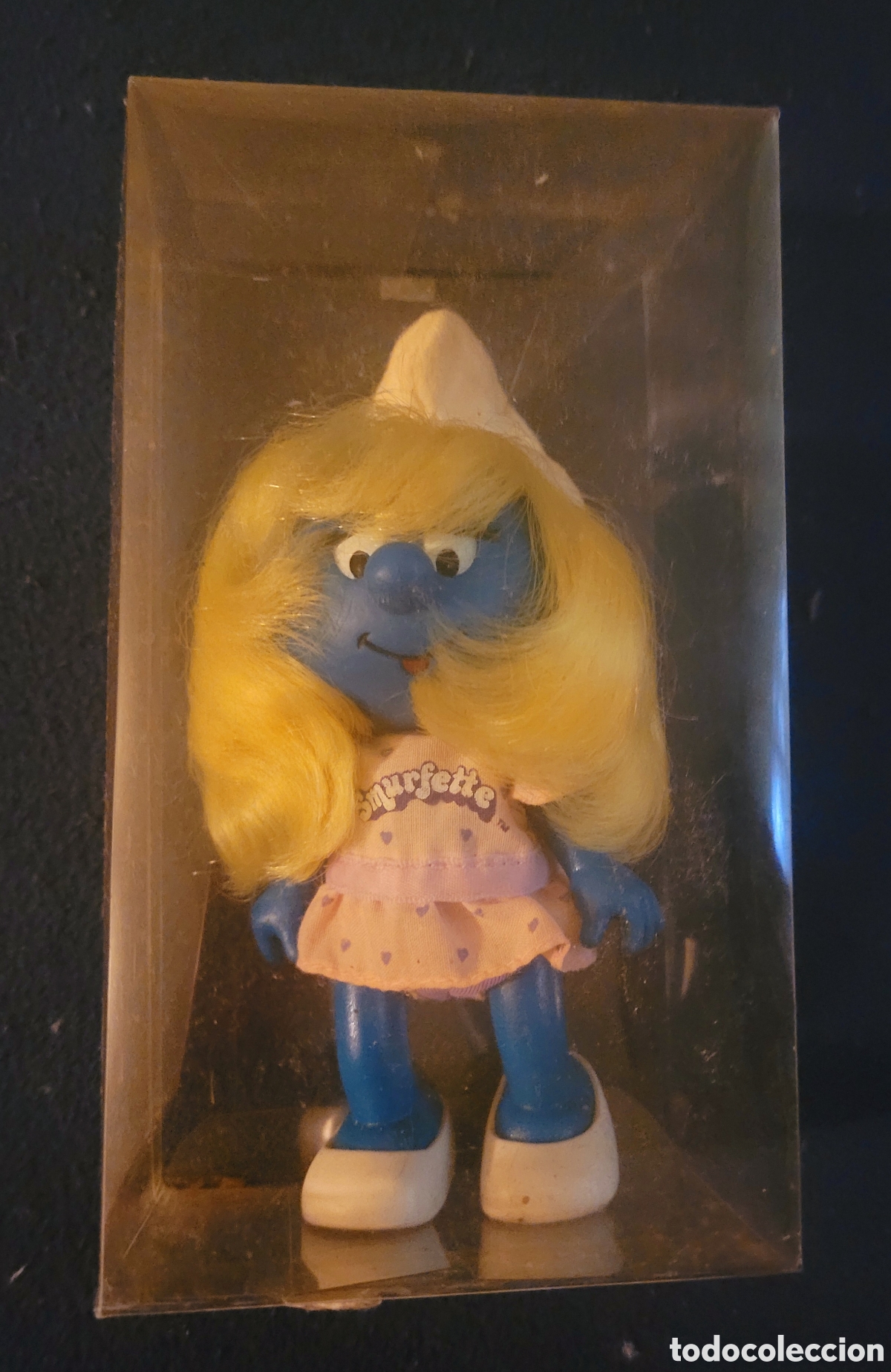 Figuras de Goma y PVC: Bonita figura mu&ntilde;eca goma Smurfette pitufina con vestido y zapatos , envase original, Applause 1983