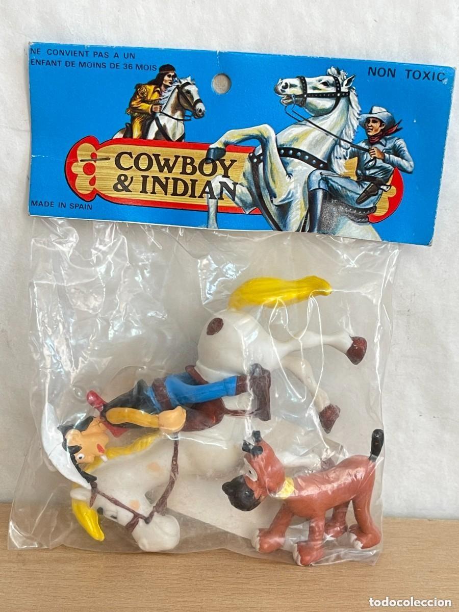 Figuras de Goma y PVC: Raro bl&iacute;ster Cowboy & Indian Lucky Luke fumando + perro Rantanplan + caballo Jolly Jumper a&ntilde;os 80