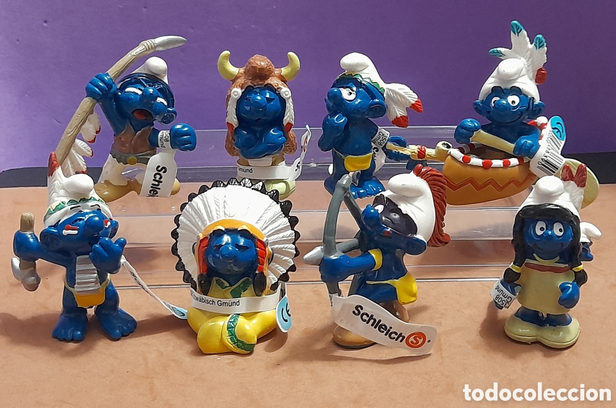 Figuras de Goma y PVC: Los pitufos, colecci&oacute;n completa 8 figuras indios en pvc, nuevos con etiquetas, del 2006