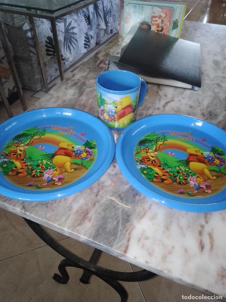 Figuras de Goma y PVC: Winnie the pooh conjunto de taza pl&aacute;stico y 2 platos pl&aacute;stico duro, nuevo sin uso