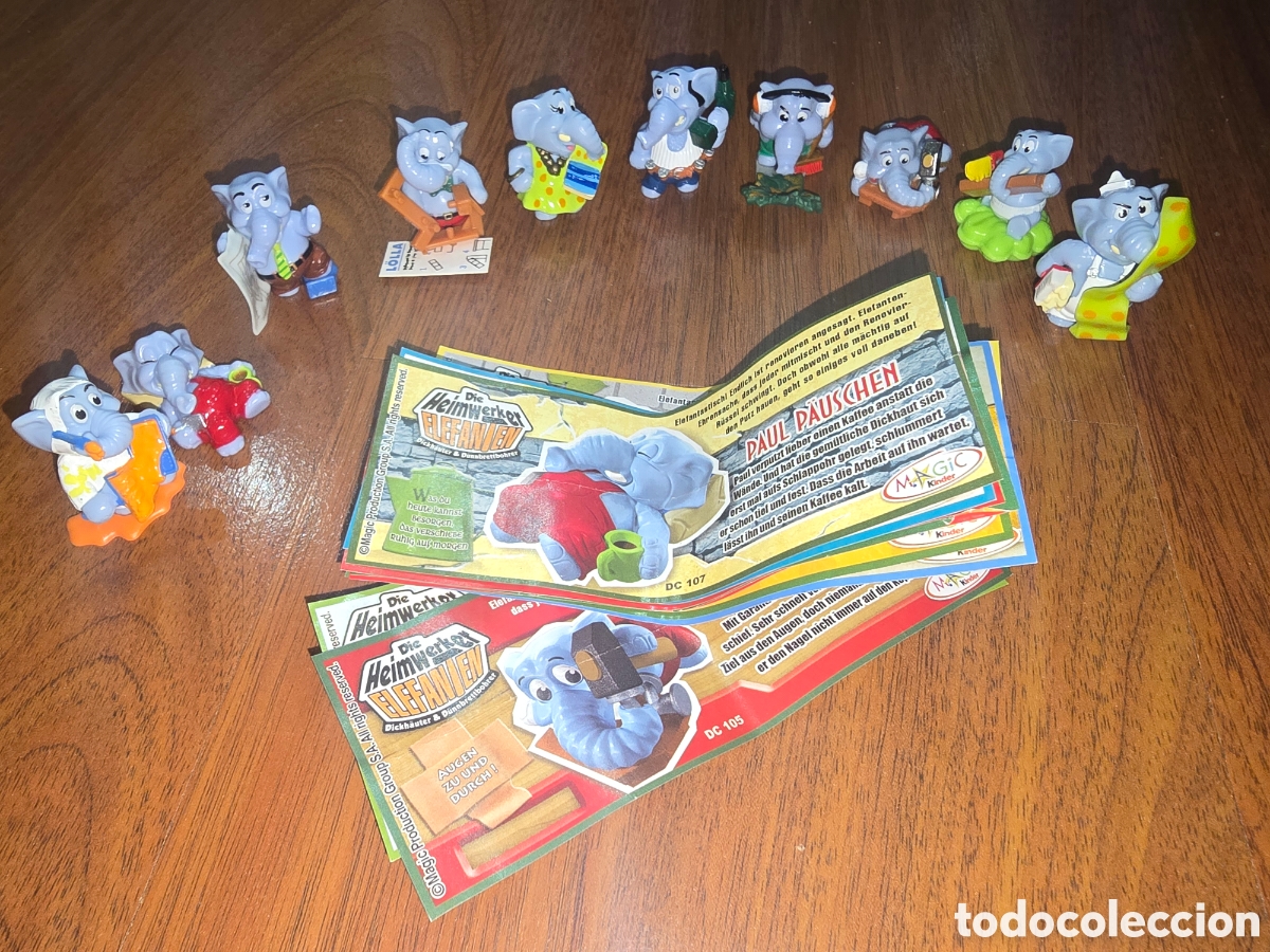 Figuras de goma Kinder: Colecci&oacute;n completa figuras kinder Ferrero elefantes oficios + todos sus bpz mu&ntilde;ecos premium