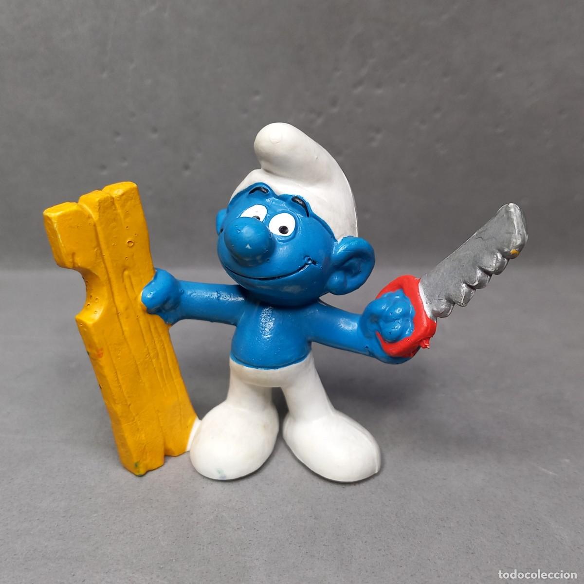 Figuras de goma y PVC: Antiguo pitufo carpintero fabricado por Schleich en Alemania del Este, referencia 20112, a&ntilde;o 1980