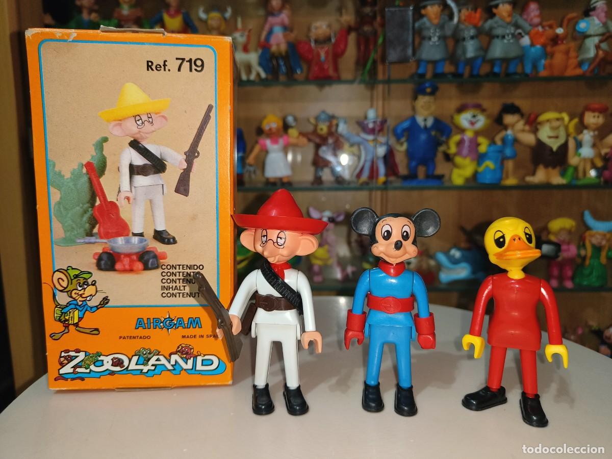 Figuras de goma y PVC: Ocasion ! Lote de 3 figuras articuladas + Caja mu&ntilde;ecos Airgam Zooland vintage a&ntilde;os 80