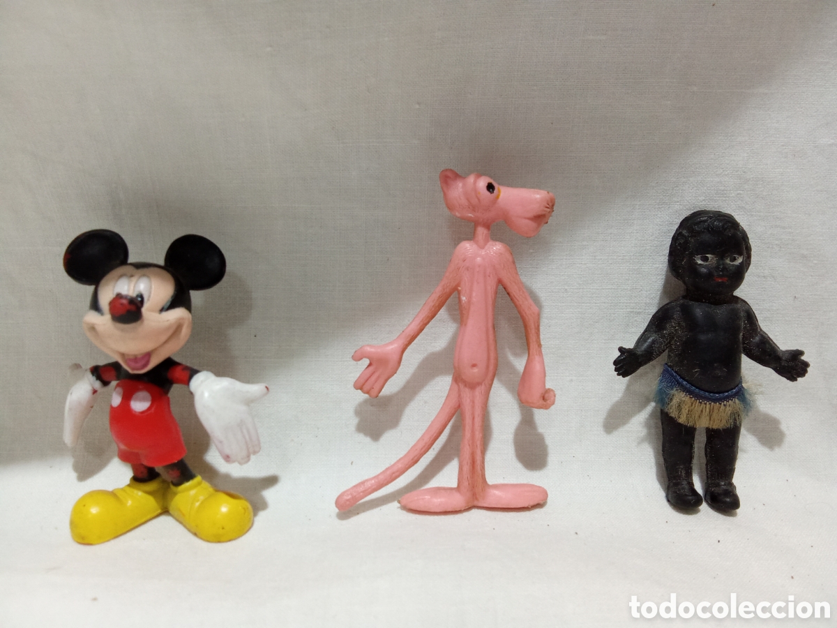 Rubber and PVC Figures: LOTE 3 FIGURAS VARIADAS DE GOMA Y PVC PANTERA ROSA MICKEY Y NI&Ntilde;A NEGRITA DE GOMA