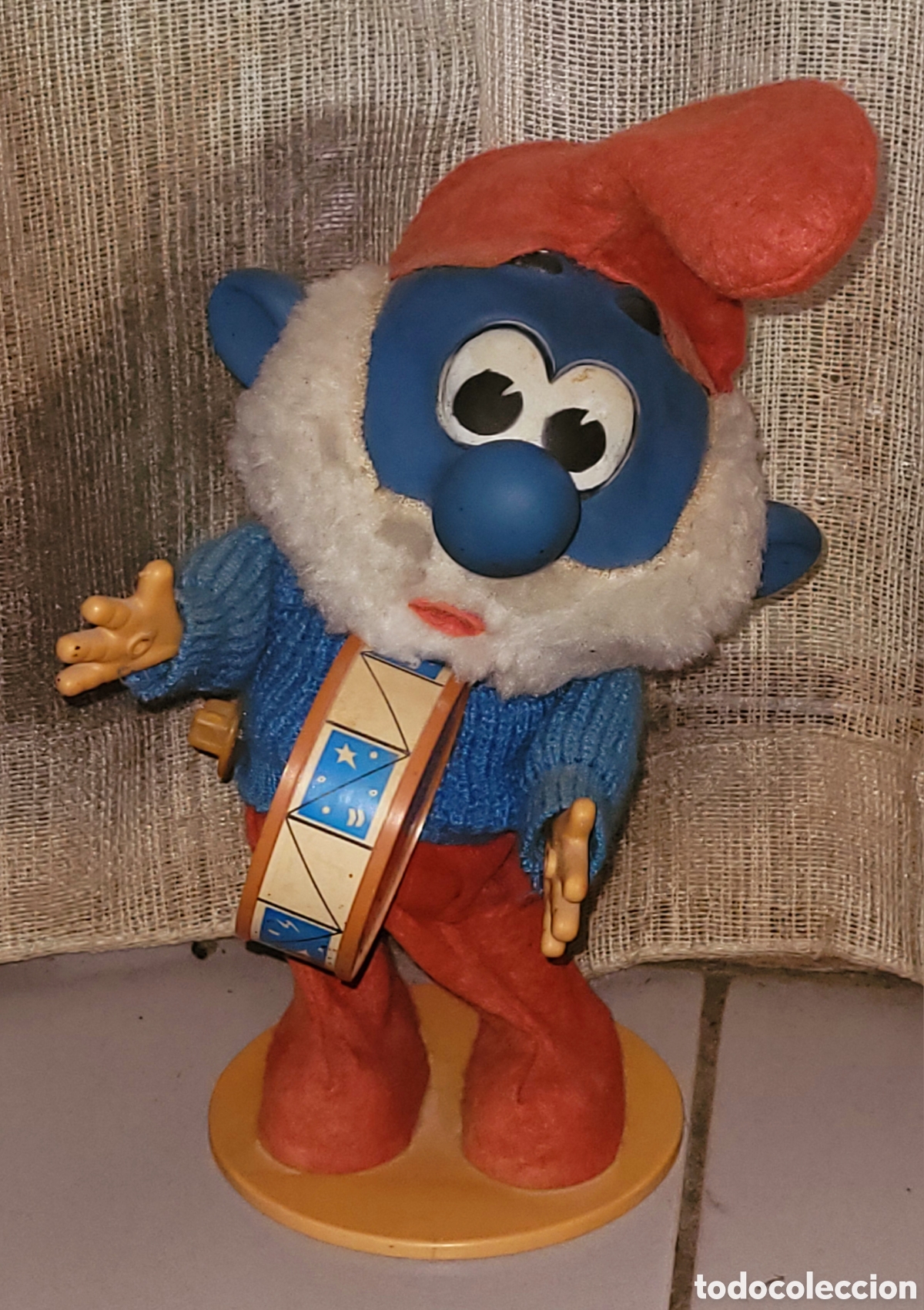 Figuras de goma y PVC: UNICO: Papa Pitufo Tamborilero a cuerda Plasticos Mora Ibi a&ntilde;os 80