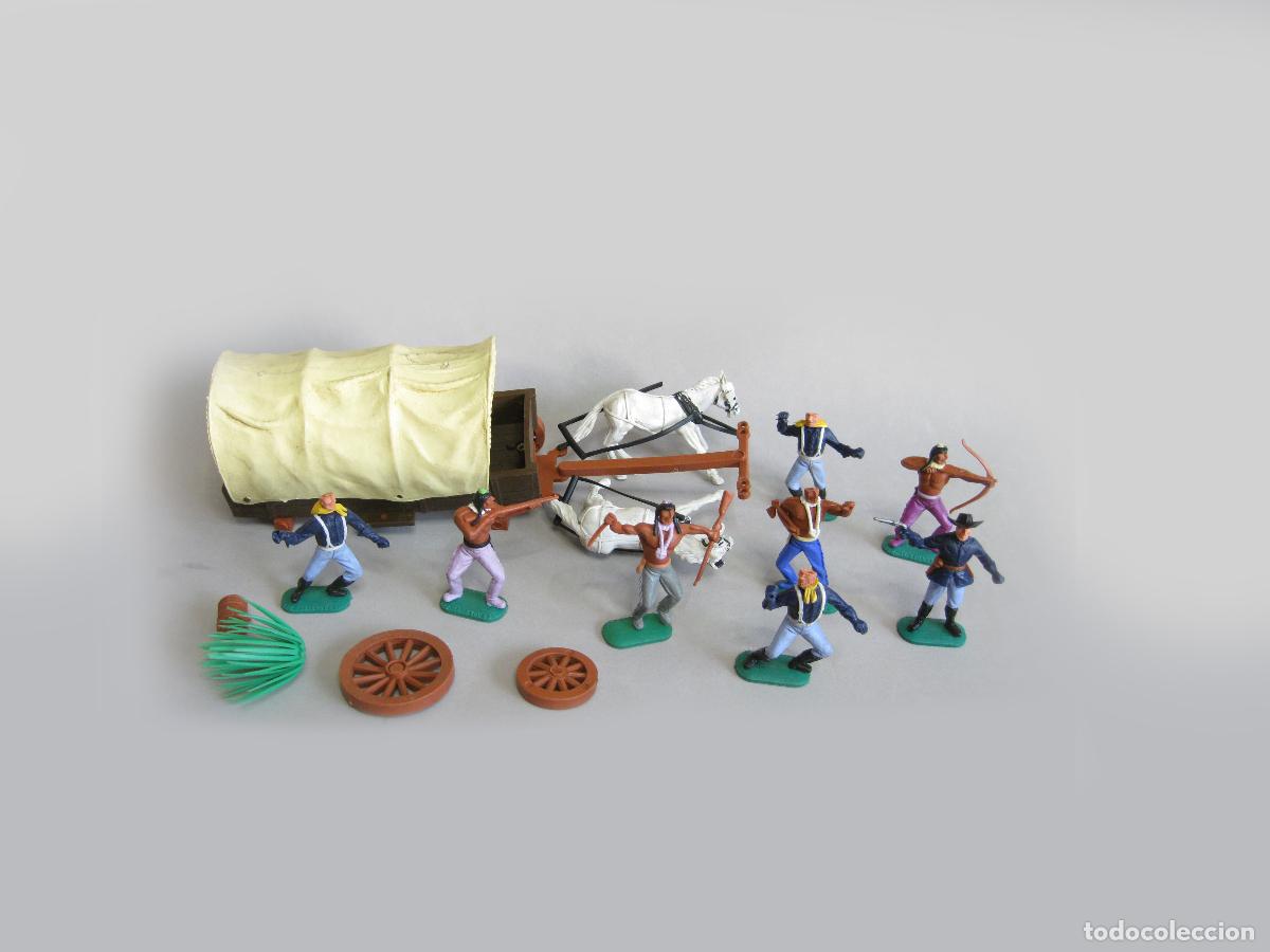 Figuras de goma y PVC: LOTE DE FIGURAS Y CARAVANA MARCA TIMPO MODEL TOYS. FAR WEST. INDIOS Y SOLDADOS AMERICANOS. A&Ntilde;OS 70