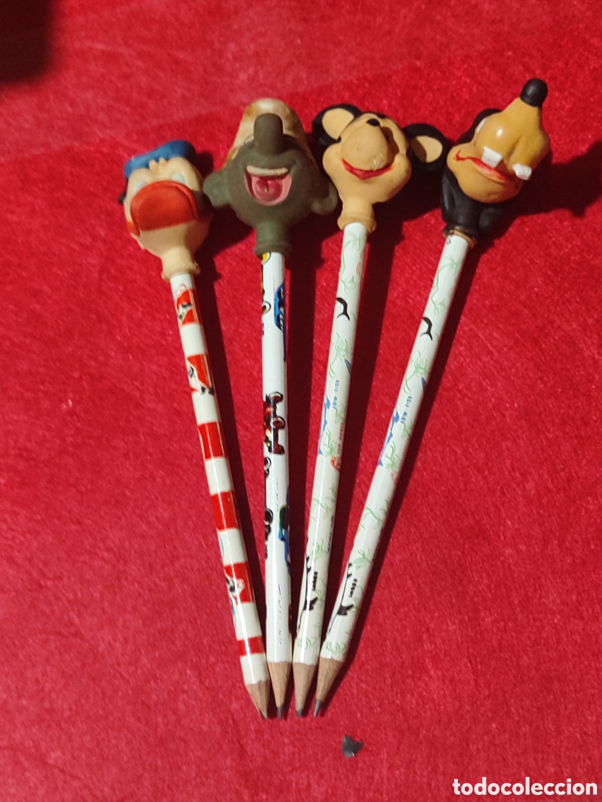 Figuras de goma y PVC: Lote 4 lapiceros con capuchones de goma Donald pitufo Mickey y Goofy Lanco Spain a&ntilde;os 70