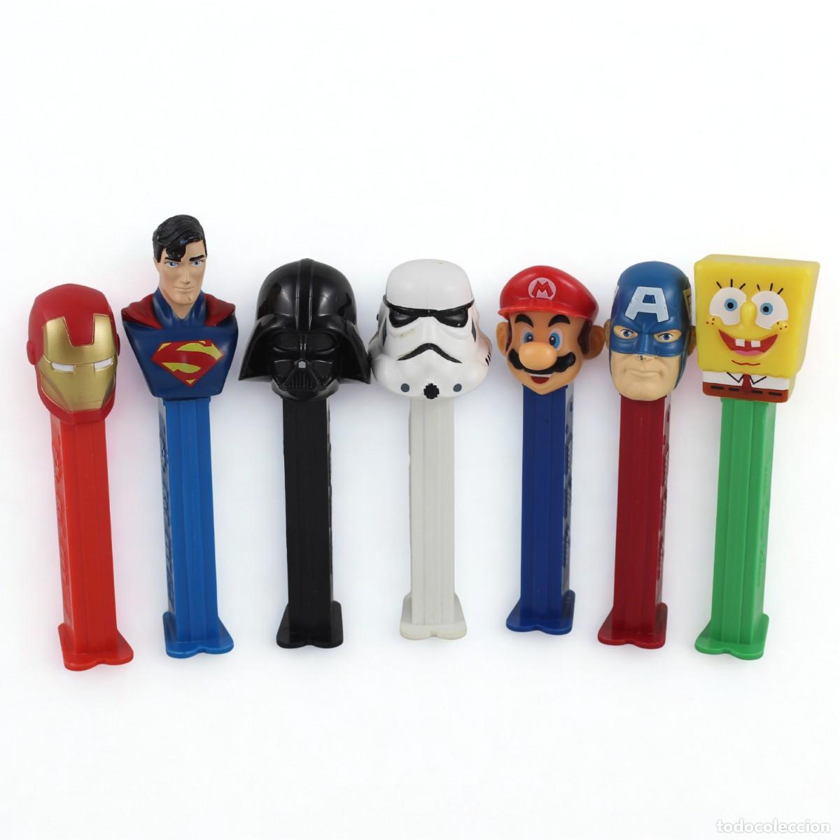 Figuras de goma y PVC dispensador PEZ: Lote 7 Dispensadores caramelos PEZ Marvel Star Wars Mario DC Capit&aacute;n Am&eacute;rica