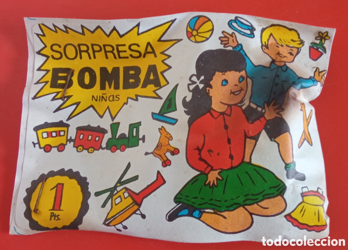 Gummi- und PVC-Figuren: SOBRE SORPRESA BOMBA NI&Ntilde;AS 1 PTA CON RECORTABLE EN REVERSO.SIN ABRIR 70'S.