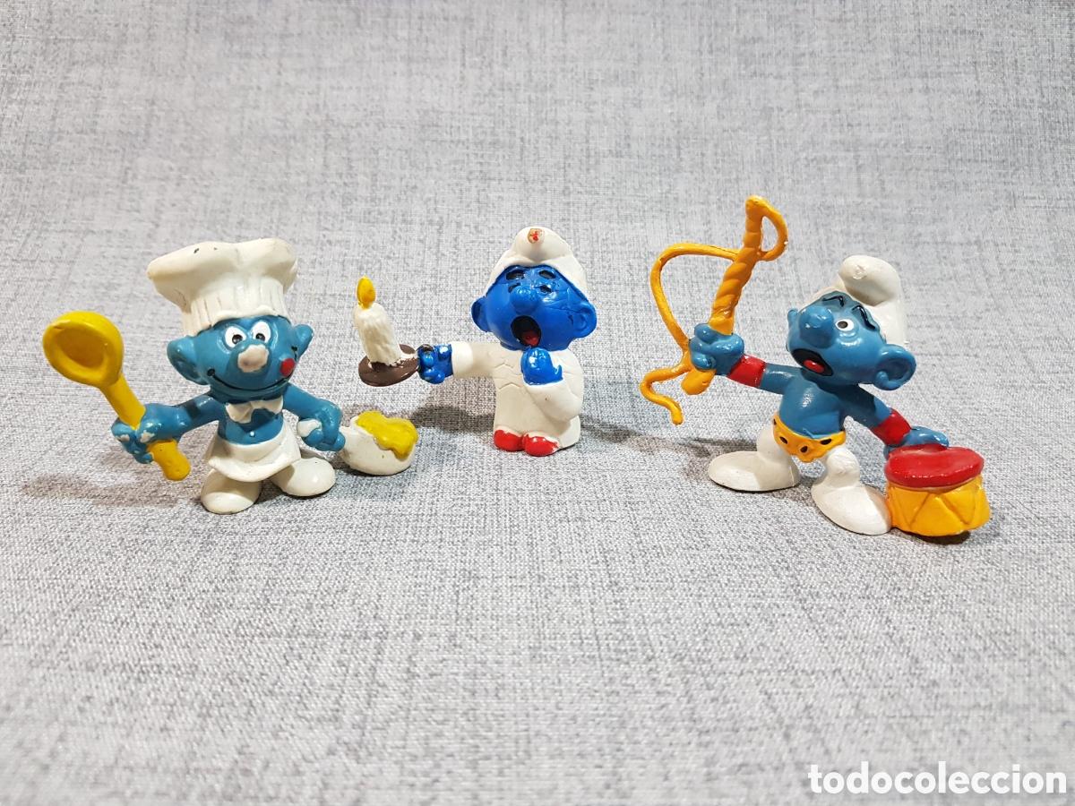Figuras de goma y PVC: LOS PITUFOS &iquest;COMICS SPAIN? COCINERO, DORMIL&Oacute;N CON VELA Y DOMADOR