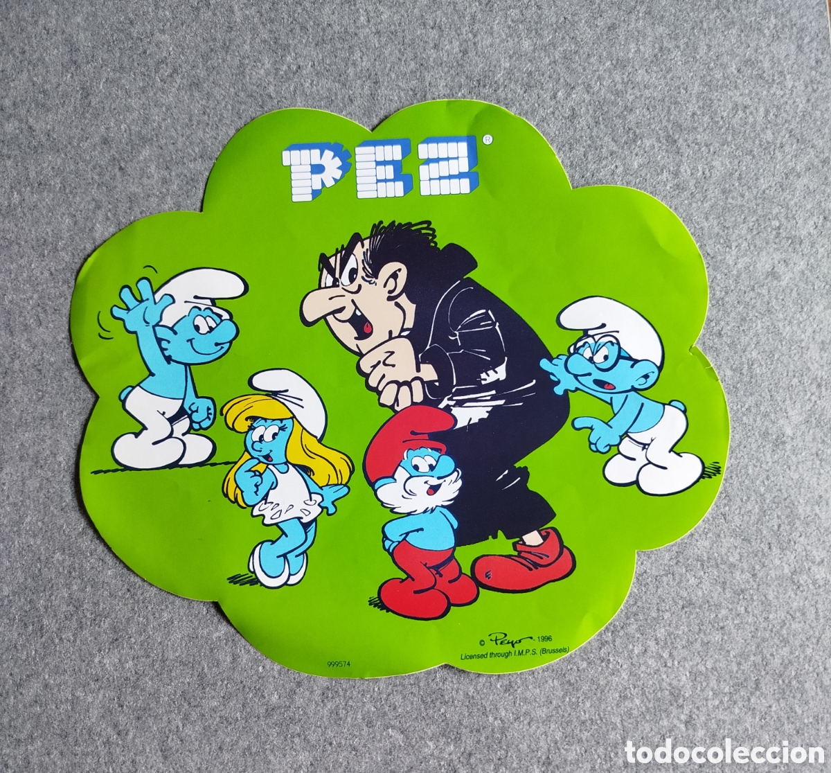 Figuras de goma y PVC dispensador PEZ: 1990s VINILO GRANDE TROQUELADO PROMOCIONAL CARAMELOS CANDY PEZ LOS PITUFOS SMURFS PUBLICITARIO