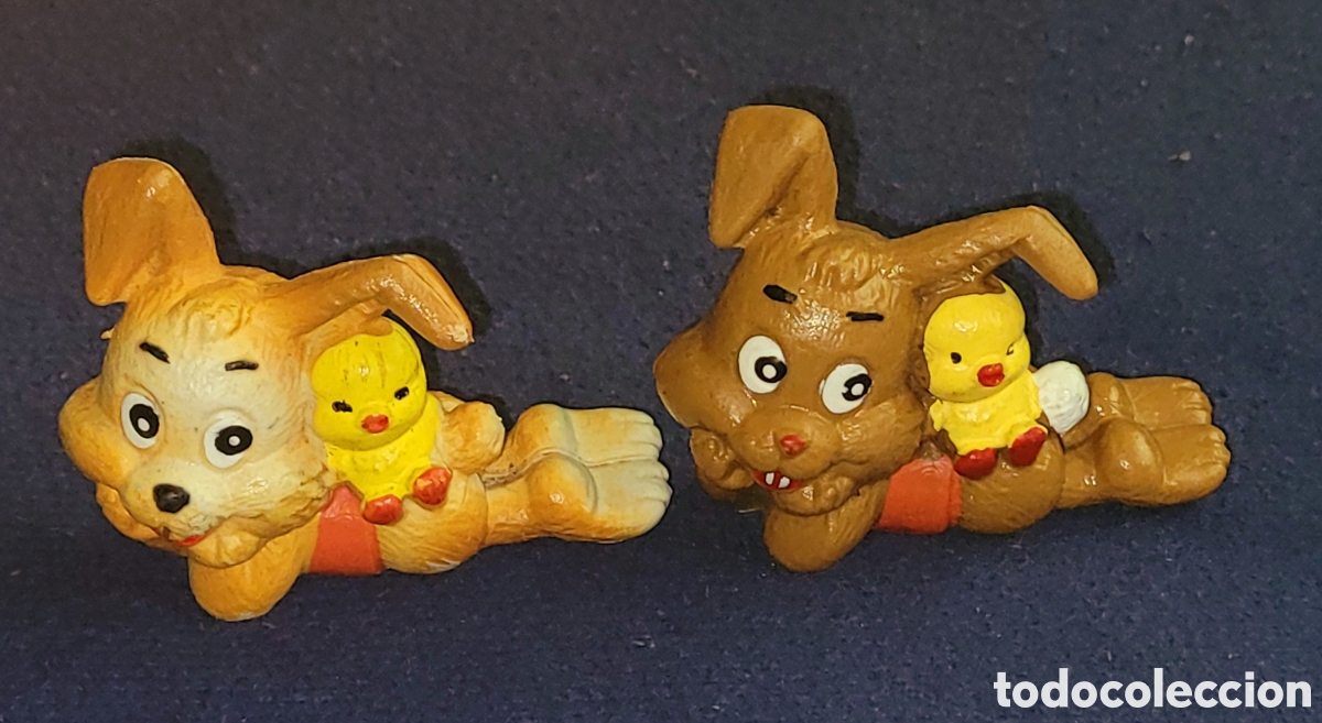 Figuras de goma y PVC: Bonito lote 2 figuras pvc goma conejos Pascua H&auml;schen und Entchen marca Maia Borges Portugal