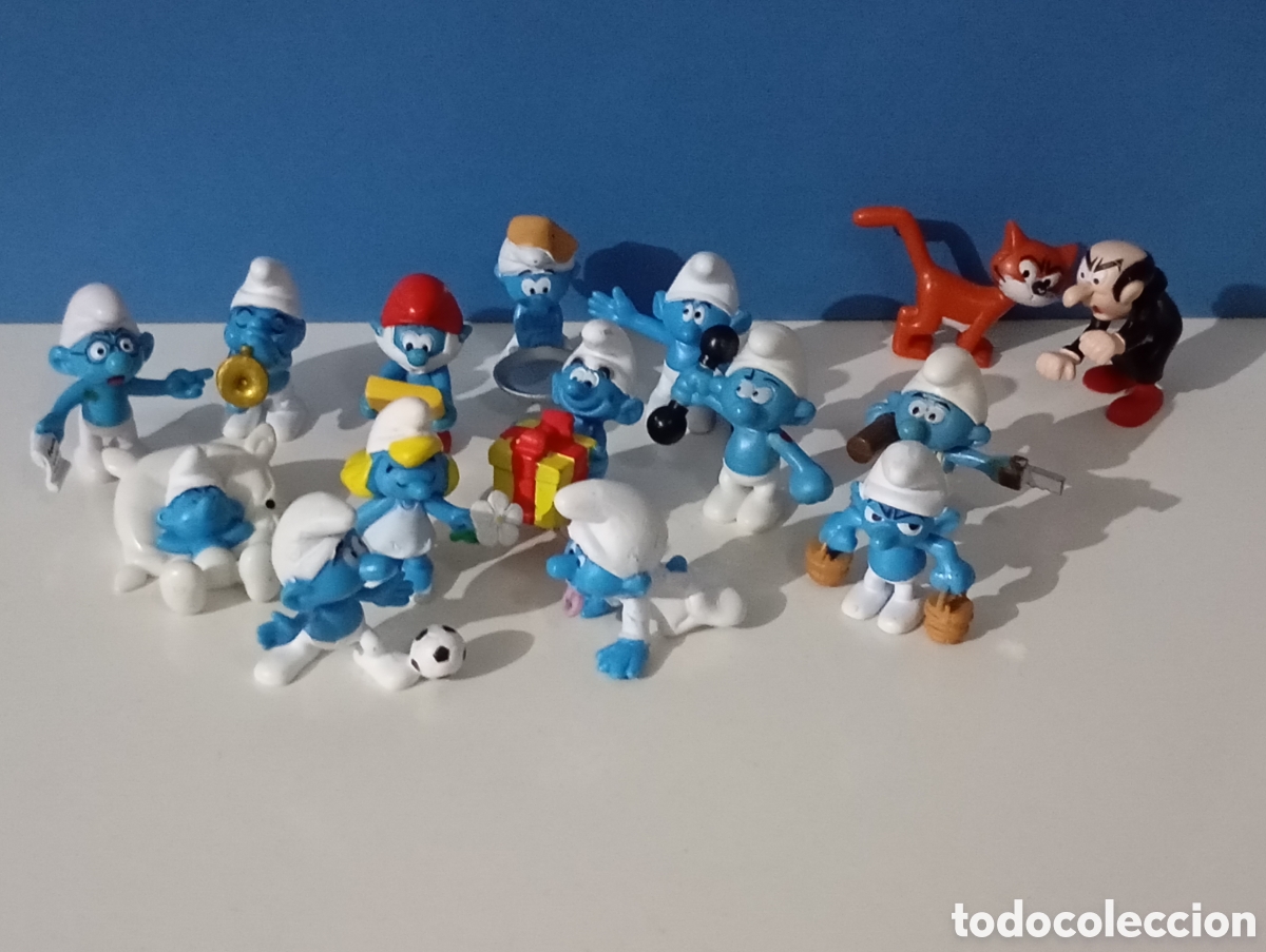 Figuras de goma Kinder: 15 Pitufos 2008 Kinder Ferrero 50 Aniversario Peyo Pitufina Futbolista Dormil&oacute;n Gargamel Gato Papa..