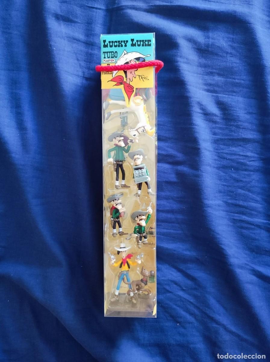 Figuras de goma y PVC: 7 figuras colecci&oacute;n Lucky Luke Plastoy Serie tubo