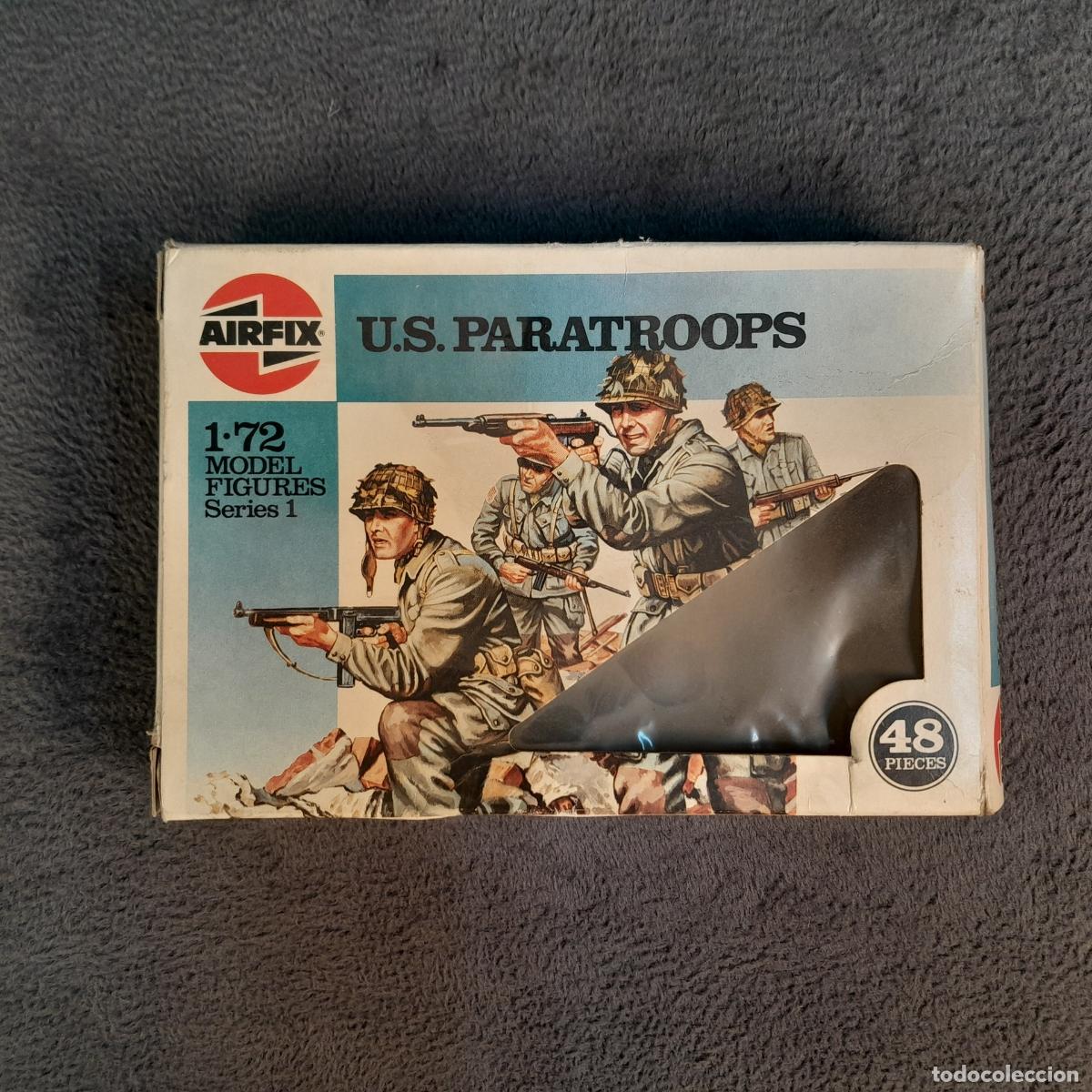 Figuras de goma y PVC: SL-28. CAJA FIGURAS PARACAIDISTAS NORTEAMERICANOS AIRFIX 1:72, PL&Aacute;STICO COLOR TIERRA, 1986